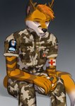 5_fingers anthro antlers biped black_nose camo cigarette cigarette_in_mouth clothed clothing countershade_face countershading eyebrows fingers fully_clothed gradient_background hair holding_object horn male military_uniform object_in_mouth orange_eyes orange_hair simple_background sitting solo tail uniform vacant_stare katsumizi tex_darksight canid canine deer hybrid mammal 2023 digital_media_(artwork) hi_res shaded