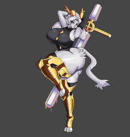 3_toes anthro antlers armor athletic athletic_anthro athletic_female big_breasts big_ears blue_eyes bottomless bottomless_anthro breasts button_(fastener) clothed clothing dream_breaker_(pseudoregalia) eyelashes feet female female_anthro fur gold_(metal) gold_jewelry greaves grey_background grey_body grey_fur hands_behind_head horn huge_breasts huge_thighs jewelry legwear leotard narrowed_eyes open_mouth pose raised_leg simple_background small_waist solo tail thick_thighs thigh_highs toes topwear vest weapon palesnake pseudoregalia sybil_(pseudoregalia) bovid caprine felid feline goat hybrid jackalope lagomorph leporid mammal rabbit 2026 digital_drawing_(artwork) digital_media_(artwork) hi_res