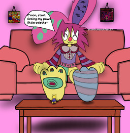 ambiguous_gender anthro blood bodily_fluids clothing duo extreme_size_difference feet female foot_fetish foot_focus foot_lick footwear gore licking macro micro pawpads size_difference socks speech_bubble text tongue stomachbookfeet67 caroline_(stomach_book) odette_(stomach_book) felid feline lagomorph leporid mammal rabbit absurd_res english_text hi_res