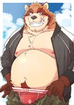 anthro belly big_belly black_nose blush brown_body brown_fur bulge clothing fur humanoid_hands kemono male moobs nipples overweight overweight_male solo underwear ryuta-h canid canine mammal raccoon_dog tanuki 2023 hi_res