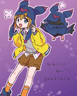 anthro blonde_hair blue_eyes cloak clothing cowl duo flying gynomorph hair hat headgear headwear intersex male wings lpinoniql_pig bandai_namco digimon digimon_beatbreak makoto_kuonji chiropmon digimon_(species) human mammal 4:5
