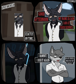 4_panel_comic 5_fingers anthro big_ears biped black_clothing black_nose black_shirt black_topwear blurred_background blurred_foreground bottomwear brown_bottomwear brown_clothing brown_pants building clothing cloud cloudy_sky collared_shirt crossed_arms dialogue door doorway dramatic_lighting dress_shirt duo electricity ellipsis eye_bags eye_contact eyebrow_through_hair eyebrows eyelashes eyelashes_through_hair eyewear fangs fingers five_o'clock_shadow fur glasses gold_(metal) gold_button_(fastener) gold_glasses grass grey_body grey_fur grey_hair grey_inner_ear_fluff grey_text hair hands_behind_back house humanoid_hands humor inner_ear_fluff knocking knocking_on_door lightning lightning_bolt looking_at_another looking_at_viewer male multicolored_body multicolored_fur muttering necktie onomatopoeia open_door open_mouth pants pavement piercing pink_eyes pink_inner_ear pink_sclera plant pupils red_text road shirt shirt_pocket shrub sky slit_pupils smug smug_grin snout sound_effects speech_bubble standing suit teeth text tongue topwear translucent translucent_hair tree tuft two_tone_body two_tone_fur upset wearing_glasses white_clothing white_eyes white_necktie white_sclera white_shirt white_suit white_text white_topwear window worried suitedwolfie cain_(suitedwolfie) k_(suitedwolfie) bat canid canine canis mammal northwestern_wolf wingless_bat wolf 2026 artist_name comic digital_drawing_(artwork) digital_media_(artwork) english_text hi_res shaded watermark