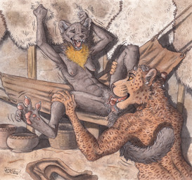 anthro anthro_on_anthro anus basket biped bodily_fluids breasts brown_body brown_fur claws container cunnilingus digitigrade duo ear_piercing eyes_closed facial_scar fangs feet female foot_on_head fur genital_fluids hammock interspecies leopard_spots looking_pleasured lying male male/female multicolored_body multicolored_fur nipples nude nude_anthro nude_female nude_male on_back open_mouth oral orange_body orange_fur pawpads piercing sagging_breasts scar sex spots spread_legs spread_toes spreading sweat teeth toe_claws toes two_tone_body two_tone_fur vaginal vaginal_fluids vase yellow_eyes 0laffson cave_lion felid gulonine mammal marten mustelid musteline pantherine prehistoric_species 2025 hi_res traditional_media_(artwork)