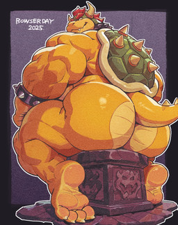 2_horns 4_toes anthro armband barazoku big_butt big_muscles black_border border butt claws collar countershade_butt countershade_head countershade_snout countershading fangs feet furniture glistening glistening_butt green_body green_countershading green_scales green_shell horn humanoid_feet looking_at_viewer looking_back looking_back_at_viewer male mane multicolored_body multicolored_scales muscular muscular_anthro muscular_male nude plantigrade purple_background raised_heel rear_view red_mane scales shell simple_background snout soles solo spiked_armband spiked_collar spikes standing_on_toes stool tail tan_body tan_countershading tan_scales teeth tiptoes toe_claws toes white_claws yellow_body yellow_scales zero_087 bowser_day mario_bros nintendo bowser dragon_koopa koopa scalie 2025 dated hi_res
