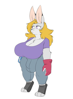 anthro big_breasts biped blonde_hair bottomwear breasts bulge clothing detailed_bulge digitigrade fur gloves grey_body grey_fur gynomorph gynomorph_anthro hair handwear huge_breasts intersex intersex_anthro looking_aside pants red_clothing red_gloves red_handwear shortstack shortstack_gynomorph shortstack_intersex simple_background solo standing white_background robertge angel_fellweather lagomorph leporid mammal rabbit 2023