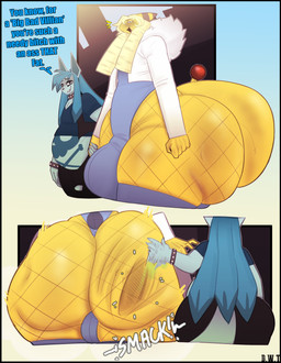 anthro belly big_bulge big_butt blonde_hair blue_body blue_hair bottom_heavy bulge butt butt_slap duo femboy hair huge_butt hyper hyper_butt male slap smile text thick_thighs wide_hips yellow_body dongwongtang nintendo pokemon julius_(royalserpent) ampharos eeveelution generation_2_pokemon generation_4_pokemon glaceon pokemon_(species) 2022 absurd_res hi_res