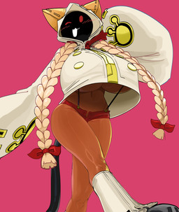 big_breasts blush bottomwear breasts clothed clothed_female clothed_humanoid clothing female female_humanoid huge_breasts looking_at_viewer navel red_eyes solo standing topwear mdthetest arc_system_works blazblue taokaka animal_humanoid cat_humanoid felid felid_humanoid feline feline_humanoid humanoid kaka_(blazblue) mammal mammal_humanoid hi_res