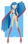 avian_feet blue_hair blush bottomless breasts cleavage clothed clothing female genitals hair looking_at_viewer navel pussy simple_background solo standing wings nekuzx european_mythology greek_mythology mythology terraria avian harpy harpy_(terraria) humanoid mythological_avian mythological_creature