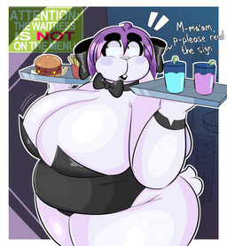 anthro belly beverage big_belly big_breasts blush blush_stickers breasts bunny_costume burger cleavage clothed clothing costume dialogue female food fries fur hair huge_breasts leotard motion_lines overweight overweight_anthro overweight_female purple_hair solo speech_bubble text thick_thighs white_body white_fur blitzyflair arianne_(blitzyflair) lagomorph leporid mammal rabbit 2025 english_text hi_res