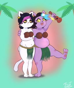 accessory anthro belly big_belly big_breasts black_hair breasts clothed clothing coconut_bra duo ear_piercing feet female fur grass_skirt hair hawaiian lute musical_instrument open_mouth overweight overweight_female palm_tree piercing plant plucked_string_instrument purple_body purple_fur smile string_instrument thick_thighs toes tree ukulele white_body white_fur fantharubi deltarune undertale undertale_(series) catti_cattenheimer catty_cattenheimer domestic_cat felid feline felis mammal hi_res sibling_(lore) sister_(lore) sisters_(lore)