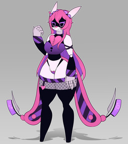2_tails anthro big_breasts breasts clothing female hair heart_(marking) heart_symbol highlights_(coloring) legwear lilac_(nickzilla) machine markings multi_tail pink_body pink_hair purple_eyes purple_highlights purple_stripes smile smirk solo stinger stinger_tail stockings stripes tail thick_thighs wide_hips muroo glitch_productions murder_drones palworld pocketpair automaton disassembly_drone hybrid lovander pal_(species) robot absurd_res hi_res