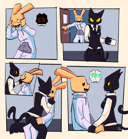anthro black_body clothed clothing duo female fur kissing male question_mark tail yellow_body yellow_sclera tokodama animal_hospital roblox intern_(animal_hospital) secret_agent_(animal_hospital) felid feline lagomorph leporid mammal rabbit comic digital_media_(artwork) hi_res