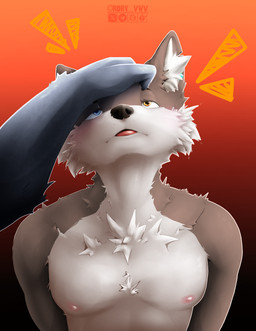 anthro blue_eyes fluffy fluffy_chest flustered heterochromia male male/male nude open_mouth solo yellow_eyes rory_vwv canid canine canis mammal wolf hi_res