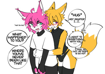 anthro blush bulge clothing dialogue duo eyebrows fur gloves_(marking) hair hug hugging_another hugging_from_behind male male/male markings master motion_lines multicolored_body multicolored_fur pink_body pink_fur simple_background speech_bubble tail text thong underwear white_background kunfen lemon_(kunfen) canid canine fox mammal english_text hi_res