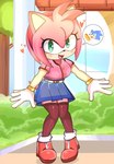 absolute_territory anthro blush blush_stickers bottomwear clothing female food heart_symbol hot_dog legwear looking_at_viewer open_mouth open_smile pleated_skirt skirt smile solo thigh_highs onibi sega sonic_the_hedgehog_(series) amy_rose sonic_the_hedgehog eulipotyphlan hedgehog mammal absurd_res hi_res