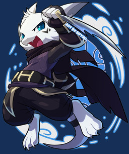 3_toes barefoot blue_eyes chibi claws clothed clothing dagger fangs feet fur kemono melee_weapon ninja solo tail teeth toe_claws toes warrior weapon white_body white_fur blitzdrachin conditional_dnp mythology minnow_(lemonynade) dragon mythological_creature mythological_scalie scalie 2021 alpha_channel signature