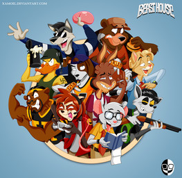 anthro beer_stein book burger clothing container controller cup drugs eyewear flexing flexing_bicep food game_controller glasses golf_club group gun jewelry male marijuana metal_helmet military_helmet ranged_weapon shotgun stein stoned substance_intoxication sunglasses swastika water_balloon weapon xamoel beast_house bosch_(xamoel) chad_(xamoel) doug_(xamoel) duke_(xamoel) emmett_(xamoel) renton_(xamoel) spencer_(xamoel) tommer_(xamoel) wimpy_(xamoel) yoshi_(xamoel) ailurid anatid anseriform avian bear bird canid canine canis duck felid feline hare lagomorph lemur leporid mammal pantherine primate rabbit red_panda ring-tailed_lemur strepsirrhine wolf