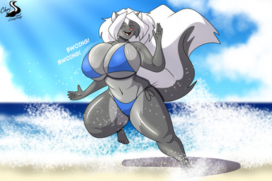 anthro beach big_breasts bikini breast_jiggle breasts clothing digit_ring female finger_ring huge_breasts jewelry jiggling sky solo swimwear thick_thighs two-piece_swimsuit wide_hips chrisandcompany kelsey_sienna mammal mephitid skunk hi_res