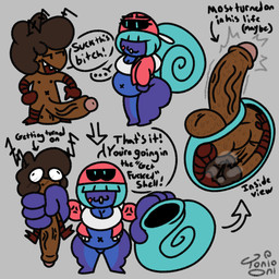 annoyed antennae_(anatomy) backwards_baseball_cap backwards_hat balls bandage bandage_on_face baseball_cap belly black_sclera blue_body blue_eyes blue_hair blush blush_lines bodily_fluids bottomless bottomless_female breasts brown_body brown_hair butt cleavage clothed clothing dialogue duo erection eyebrows eyelashes facial_piercing female genitals glory_hole grey_background hair hat headgear headwear jacket lip_piercing male male/female markings mole_(marking) mole_under_eye multicolored_body narrowed_eyes navel nipples nude nude_male open_clothing open_jacket open_topwear penis piercing shell shirt short_hair simple_background slightly_chubby slightly_chubby_female small_but_hung speech_bubble stuck sweat tank_top text thick_thighs topwear two_tone_body unimpressed vein veiny_penis toni_oni zaldenvire roach_(zaldenvire) snazz_the_snail_(toni_oni) arthropod blattodean cockroach gastropod humanoid insect mollusk snail 1:1 signature