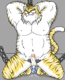 anal anal_masturbation anthro balls blush bound chain chained dildo erection fur genitals kemono male masturbation nipples overweight overweight_anthro overweight_male penis pubes sex_toy solo toying_self white_body white_fur yellow_body yellow_fur mind_drive mizuse_higomaru felid mammal pantherine tiger 2006