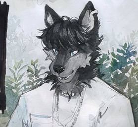 anthro black_hair black_nose blue_eyes cheek_tuft clothed clothing ear_piercing ear_ring facial_tuft front_view fur glistening glistening_eyes glistening_nose grey_body grey_fur hair male neck_tuft open_mouth open_smile piercing plant ring_piercing short_hair shrub smile solo topwear tuft unsigned white_clothing white_topwear akatan_art canid canine canis mammal bust_portrait hi_res portrait traditional_media_(artwork)