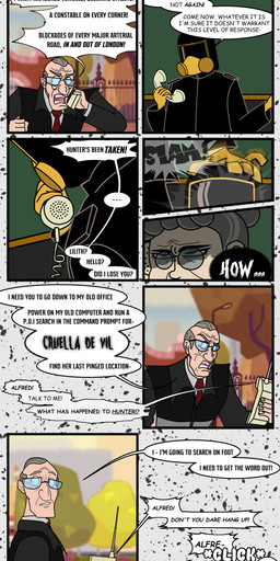 black_clothing black_suit clothing dialogue elderly_male face_reveal female greeting human_only light_body light_skin male not_furry speech_bubble suit text unmasked redundantmodule 101_dalmatian_street 101_dalmatians disney alfred_bright lilith_(101_dalmatians) human mammal absurd_res comic english_text hi_res