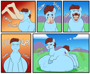 abdominal_bulge ambiguous_gender belly belly_on_ground big_belly blue_body bodily_fluids cutie_mark day duo feral feral_pred front_view gulp_(sound_effect) hand_on_belly head_first hooves huge_belly human_prey licking licking_lips motion_lines neck_bulge open_mouth oral_vore outside quadruped rumbling_stomach saliva side_view smile soft_vore standing swallowing tail teeth tongue tongue_out vore swiftsketchpone hasbro my_little_pony fan_character swift_sketch_(character) earth_pony equid equine horse human mammal pony 2026 comic hi_res sequence signature watermark male_(lore)