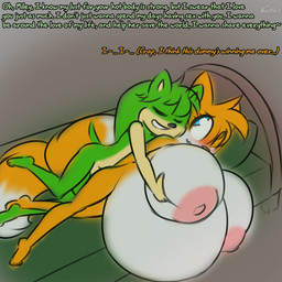2_tails after_sex afterglow anthro bed big_breasts blush bodily_fluids breast_grab breasts crossgender cum cum_ballooning cum_inflation cum_inside duo female fur furniture genital_fluids green_body hand_on_breast huge_breasts inflation male male/female multi_tail nipples nude orange_body orange_fur tail text norithics sega sonic_the_hedgehog_(series) derrick_haster fan_character miles_prower canid canine eulipotyphlan fox hedgehog mammal 1:1 english_text
