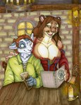 anthro barmaid beer_glass big_breasts breasts candle chair cleavage clothed clothing customer duo female furniture horn male medieval menu open_mouth open_smile sitting smile table tavern torque gravewalker bovid caprine felid goat lion mammal pantherine