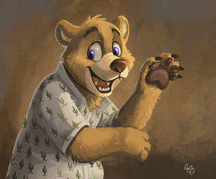anthro brown_body brown_fur brown_nose brown_pawpads claws clothed clothing fangs finger_claws fingerpads fingers fur glistening glistening_eyes happy head_tuft logo looking_aside male male_anthro open_mouth open_smile pattern_clothing pattern_shirt pattern_t-shirt pattern_topwear pawpads purple_eyes red_tongue shirt simple_background smile solo t-shirt teeth tongue topwear tuft white_clothing white_shirt white_t-shirt white_topwear pandapaco bear mammal 2020 artist_logo digital_media_(artwork) half-length_portrait portrait signature