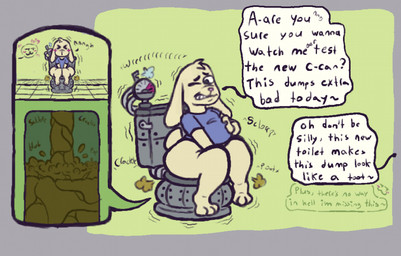 anthro blue_clothing blue_shirt blue_topwear blush bottomless bottomless_anthro bottomless_male brown_fart_cloud butt clenched_teeth clothed clothing cutaway dialogue duo emoticon excessive_feces eyes_closed fart fart_cloud feces feces_in_toilet floppy_ears green_background grey_background heart_symbol hyper hyper_feces hyper_feces_pile male male_pooping offscreen_character one_eye_closed pooping pooping_in_toilet scatplay scut_tail shirt short_tail simple_background sitting sitting_on_toilet sound_effects speech_bubble tail teeth text tilde_after_text toilet toilet_use topwear x-ray_view anonymous_artist lupei_(blargamie) lagomorph leporid mammal rabbit english_text hi_res