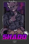 anthro athletic athletic_male badge belt black_body black_border black_dress_shirt black_fur black_hair black_nose border bottomwear city city_background clock clothed clothed_male clothing collared_shirt dipstick_tail dress_shirt fully_clothed fully_clothed_male fur green_eyes hair hand_on_chest jewelry khaki_pants male markings necklace open_mouth pants pattern_clothing pattern_shirt pattern_topwear pockets shirt smile smiling_at_viewer solo sparkles striped_clothing striped_shirt striped_topwear stripes tail tail_markings teeth text thumb_in_pocket topwear watch white_border white_hair kyubbi-arts shado_cat felid leopard mammal pantherine artist_name hi_res