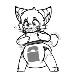 accident anthro automatic_straps bdsm blush bondage bound diaper lock_symbol locking_diaper_cover male self-bondage size_difference smaller_male surprised ludis-luteo unknown_species 1:1 hi_res monochrome