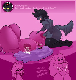 anthro areola asking big_breasts big_nipples black_body black_fur bodily_fluids breasts cum dialogue duo erection female female_penetrated fingers fur genital_fluids genitals hair huge_breasts huge_nipples male male/female male_penetrating male_penetrating_female nipple_fetish nipple_penetration nipple_play nipples nude open_mouth penetration penis question sex simple_background smile tail talking_to_another text thick_thighs wide_hips kiss_the_carrot nintendo pokemon sayi_(kiss_the_carrot) domestic_cat felid feline felis gastly generation_1_pokemon ghost mammal pokemon_(species) spirit digital_media_(artwork) english_text hi_res shaded