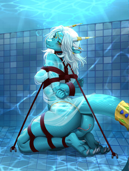 anthro aquaphilia asphyxiation bdsm bondage bondage_gear bound butt claws clothing crown female genitals headgear horn jewelry nude restrained restrained_arms restrained_legs slave smile smiling_at_viewer solo swimming_pool tiara toe_claws translucent translucent_clothing underwater underwater_scenery vulva water agrixxx mythology dragon mythological_creature mythological_scalie scalie 3:4 hi_res