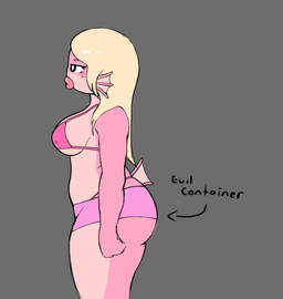 anthro big_breasts big_butt bikini black_eyes blonde_hair breasts butt clothing ear_fins eyelashes female fin grey_background hair lips long_hair pink_bikini pink_body pink_clothing pink_scales pink_swimwear scales side_view simple_background solo swimwear text thick_lips thick_thighs two-piece_swimsuit wide_hips sanygtr evil_container taffy_(sanygtr) aquatic fish hi_res meme