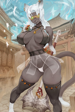 anthro armor bell_necklace belt big_breasts breasts clothing dipstick_tail ear_piercing eyewear female fur goggles grey_body grey_fur hair hands_behind_back legwear looking_at_viewer markings piercing prosthetic prosthetic_limb skindentation snaggle_tooth solo tail tail_markings thick_thighs thigh_highs unconvincing_armor white_hair white_paws wide_hips refegi dungeons_and_dragons hasbro wizards_of_the_coast pure_snow_(pacothegint) felid mammal tabaxi absurd_res hi_res