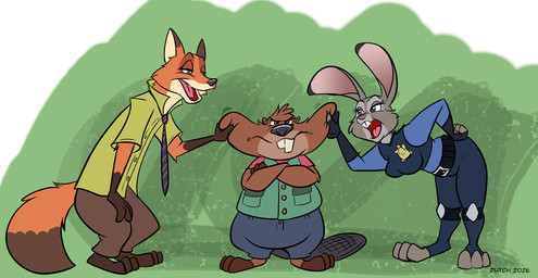 anthro bottomwear breasts brown_body brown_fur buckteeth cheek_pinch cheek_pull clothing collared_shirt crossed_arms dress_shirt female fur green_eyes grey_body grey_fur group male multicolored_body multicolored_fur necktie open_mouth orange_body orange_fur pants police police_badge police_officer police_uniform purple_eyes shirt teeth topwear trio two_tone_body two_tone_fur uniform dutch_(artist) disney zootopia judy_hopps nibbles_maplestick nick_wilde beaver canid canine european_rabbit fox lagomorph leporid mammal oryctolagus rabbit red_fox rodent true_fox 2026 digital_media_(artwork) hi_res
