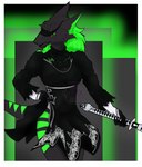 anthro black_body black_clothing black_fur blindfold border clothing cosplay ear_piercing female fur green_body green_fur melee_weapon piercing solo sword tail weapon white_border hex_sinstolus nier_automata nintendo platinumgames vilous yorha_2b sergal 2021 hi_res watermark