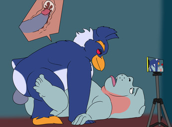 anal anal_penetration anthro bent_legs bodily_fluids crouching cum cum_in_ass cum_inside duo ears_down electronics eye_contact genital_fluids hand_on_hand leaning leaning_forward legs_up looking_at_another looking_pleasured lying male male/male on_back overweight overweight_anthro overweight_male penetration phone phone_camera pivoted_ears recording_video simple_background smile tongue tongue_out tripod denki404 odd_taxi pen-pen_(rawk-hawpper) taichi_kabasawa_(odd_taxi) avian bird common_hippopotamus crested_penguin hippopotamid mammal penguin rockhopper_penguin hi_res