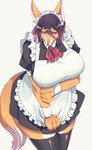 absolute_territory amber_eyes anthro apron big_breasts black_clothing black_hair black_nose blush breasts clothing cuff_(restraint) eyebrow_through_hair eyebrows female fur hair high-angle_view holding_arm huge_breasts kemono legwear looking_at_viewer looking_up maid_hat maid_uniform orange_body orange_fur restraints ribbons simple_background solo thick_thighs thigh_highs translucent translucent_hair uniform white_background white_body white_fur wide_hips wrist_cuffs sgsix canid canine fox mammal hi_res