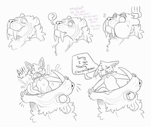 ambiguous_anthro ambiguous_form ambiguous_gender ambiguous_prey anthro anthro_prey big_fangs bodily_fluids cheek_tuft closed_smile drooling duo eyes_closed facial_tuft failed_vore fangs front_view head_tuft in_mouth mouth_closed neck_tuft nude open_mouth oral_vore saliva side_view simple_background smile speech_bubble teeth text tuft vore wide_eyed swampjaws swamp_jaws_(imperatorcaesar) felid mammal english_text hi_res monochrome