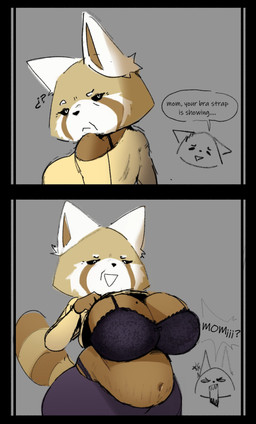anthro belly big_belly big_breasts black_bottomwear black_bra black_clothing black_skirt black_underwear bottomwear bow_bra bra bra_strap breasts clothed clothing clothing_lift cross-popping_vein dialogue duo female fur grey_background huge_breasts looking_back markings mature_female mole_(marking) mole_on_breast navel off_shoulder orange_body orange_fur question_mark shirt shirt_lift simple_background skirt stretch_marks text thong_straps topwear underwear yellow_clothing yellow_shirt yellow_topwear estebon89 aggretsuko bra_strap_showing_(meme) sanrio retsuko retsuko's_mother ailurid mammal red_panda 2026 absurd_res comic english_text hi_res meme daughter_(lore) mother_(lore) mother_and_child_(lore) mother_and_daughter_(lore) parent_(lore) parent_and_child_(lore) parent_and_daughter_(lore)