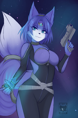 5_fingers anthro black_clothing black_nose blue_body blue_ears blue_eyebrows blue_eyes blue_fingers blue_fur blue_hair bodysuit breasts clothed clothing eyebrows female fingers fully_clothed fur gun hair holding_gun holding_object holding_ranged_weapon holding_weapon iris pupils ranged_weapon skinsuit solo tight_clothing weapon skyversa nintendo star_fox krystal_(star_fox) canid canine fox mammal 2:3 absurd_res hi_res