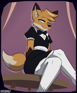 :3 anthro black_bow_tie black_clothing black_topwear bow_tie brown_body brown_fur brown_nose cheek_tuft clothed clothing crossdressing crossdressing_male crossed_legs dipstick_ears dipstick_tail ear_markings ear_tuft eyebrows facial_tuft footwear fur furniture gloves_(marking) head_tuft inner_ear_fluff legwear looking_at_viewer maid_uniform male markings mole_(marking) multicolored_ears neck_tuft orange_body orange_fur pupils raised_eyebrow simple_background sitting slit_pupils socks solo table tail tail_markings tail_tuft thigh_highs thigh_socks topwear tuft uniform white_body white_clothing white_eyes white_footwear white_fur white_legwear white_socks white_thigh_highs white_thigh_socks white_topwear suitedwolfie balthy_(suitedwolfie) canid canine fox mammal red_fox true_fox 2025 digital_drawing_(artwork) digital_media_(artwork) dithering hi_res shaded