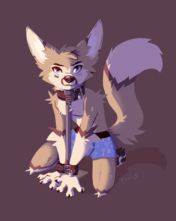 4_fingers anthro blue_eyes blush bound boxer_briefs clothing collar fingers frown fur hands_tied kneeling leather lock looking_at_viewer male padlock padlocked_collar pattern_clothing pattern_underwear solo tan_body tan_fur underwear tinywag canid canine fennec_fox fox mammal true_fox 2020 4:5 hi_res signature