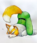 anthro ass_up blush bodysuit bubble_butt butt clothing fur green_eyes jumpsuit male orange_body orange_fur skinsuit solo tight_clothing ulala_ko nintendo star_fox fox_mccloud canid canine fox mammal hi_res