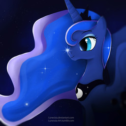 1_horn black_background blue_eyes blue_eyeshadow blue_hair closed_smile eyelashes eyeshadow female female_feral feral hair horn long_hair makeup mouth_closed multicolored_hair purple_body purple_horn purple_wings side_view simple_background smile solo sparkles sparkling_hair spiral_horn text wings nnalyart friendship_is_magic hasbro my_little_pony mythology princess_luna_(mlp) equid equine mammal mythological_creature mythological_equine winged_unicorn 1:1 2017 digital_media_(artwork) english_description portrait url