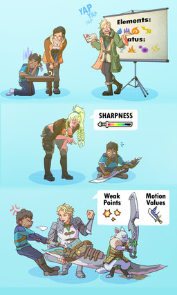 ambiguous_gender annoyed anthro armor big_sword bodily_fluids boots cape clothing cross-popping_vein crouching dialogue facial_scar female footwear gameplay_mechanics group hair happy jacket kneeling male melee_weapon messy_hair not_furry_focus ponytail scar shoes simple_background sitting socks speech_bubble standing sweat sweatdrop sword text toeless_footwear tools topwear weapon sb_torchic capcom monster_hunter alma_(monster_hunter) athos_(monster_hunter_wilds) erik_(monster_hunter) gemma_(monster_hunter_wilds) nata_(monster_hunter) olivia_(monster_hunter) felid felyne human lynian mammal palico absurd_res comic english_text hi_res