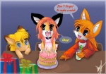 anthro cake candle collar dessert echidhog eyewear female food gift glasses group male text euan-the-echidhog felousefarnayne luna777 euan_(character) felouse_(character) taratsu_(character) canid canine fox mammal moondog english_text